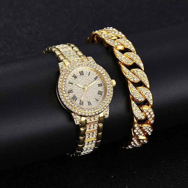 Gold Steel Strap Quartz Watch With Full Diamond Roman Numerals & Bracelet Bracelets