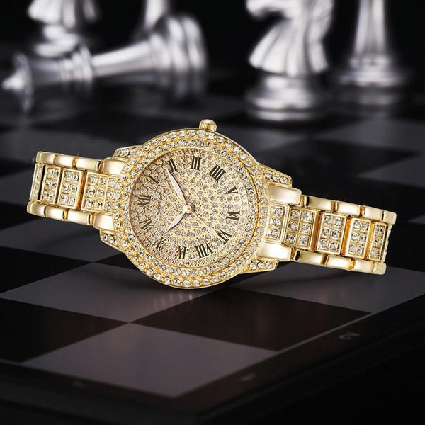 Gold Steel Strap Quartz Watch With Full Diamond Roman Numerals & Bracelet Bracelets