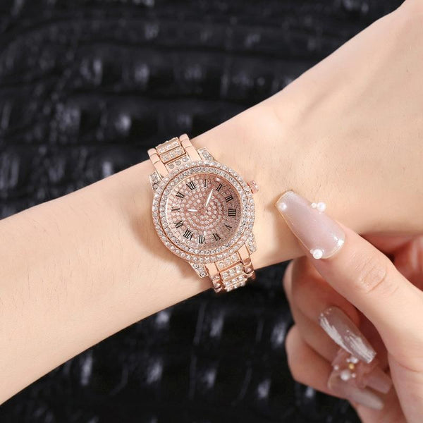 Gold Steel Strap Quartz Watch With Full Diamond Roman Numerals & Bracelet Bracelets