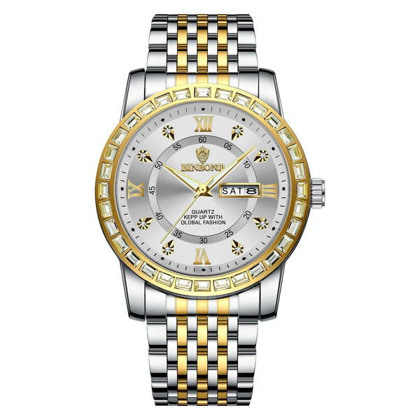 Diamond Dual Calendar Luminous Quartz Watch B2202 Inter Gold White Watches