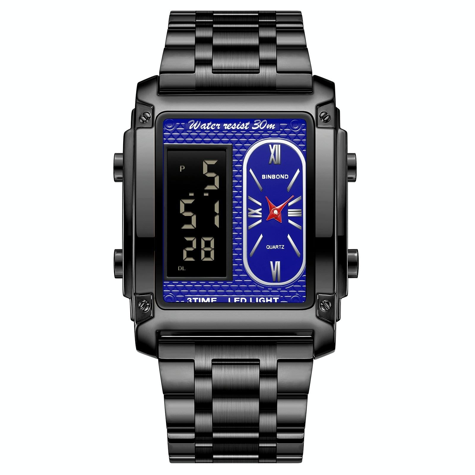 Waterproof Men Led Quartz Watch Multifunctional Luminous Black Steel Blue Watches