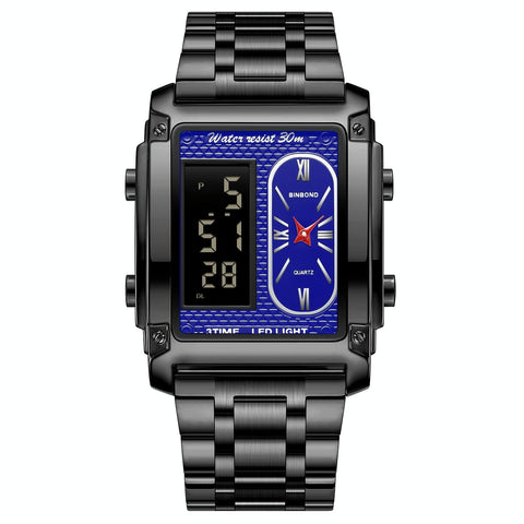 Waterproof Men Led Quartz Watch Multifunctional Luminous Black Steel Blue Watches