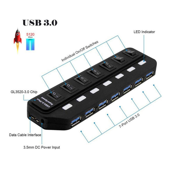 7 Port Usb 3.0 Hub With Independent Switching Usb Cables Hubs & Adapters