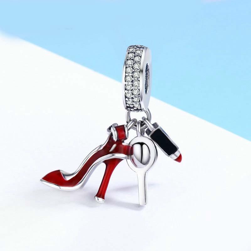 925 Sterling Silver Red Lipstick High Heels Makeup Mirror Charm Charms & Pendants