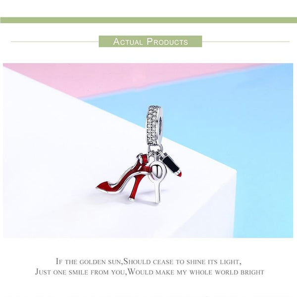 925 Sterling Silver Red Lipstick High Heels Makeup Mirror Charm Charms & Pendants