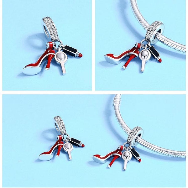 925 Sterling Silver Red Lipstick High Heels Makeup Mirror Charm Charms & Pendants