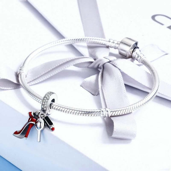 925 Sterling Silver Red Lipstick High Heels Makeup Mirror Charm Charms & Pendants