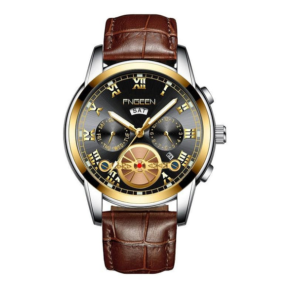 Men Multi Function Quartz Watch With Brown Leather Strap And Gold Black Dial Watches