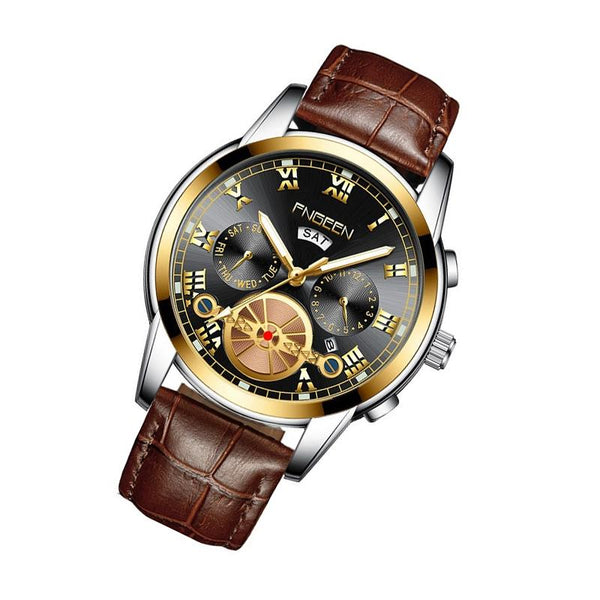 Men Multi Function Quartz Watch With Brown Leather Strap And Gold Black Dial Watches