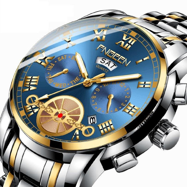Men Multi Function Quartz Watch With Brown Leather Strap And Gold Black Dial Watches