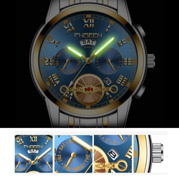 Men Multi Function Quartz Watch With Brown Leather Strap And Gold Black Dial Watches