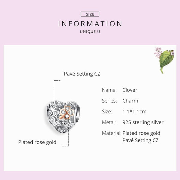 925 Sterling Silver Heart Beaded Clover Bracelet Charm Charms & Pendants