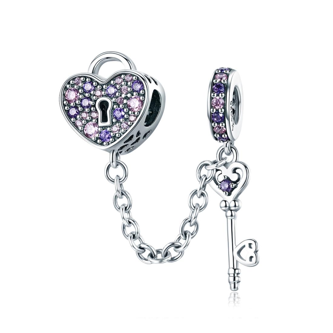 925 Sterling Silver Heart Key Safety Chain For Accessories Charms & Pendants