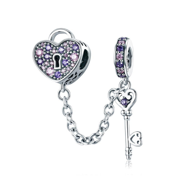 925 Sterling Silver Heart Key Safety Chain For Accessories Charms & Pendants