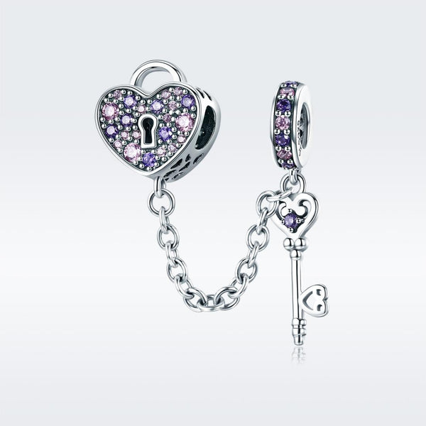 925 Sterling Silver Heart Key Safety Chain For Accessories Charms & Pendants
