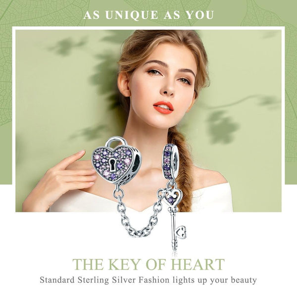 925 Sterling Silver Heart Key Safety Chain For Accessories Charms & Pendants