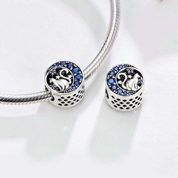 925 Sterling Silver Blue Moon Cat Beaded Diy Jewelry Charms & Pendants