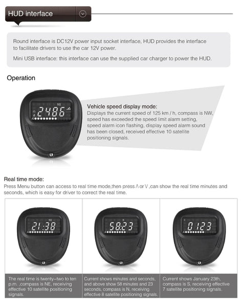 2.0 Inch Car Locator Technology Hud Head Up Display Speed Altitude & Alarm Auto Sleep Satellite Signal Other Car Video