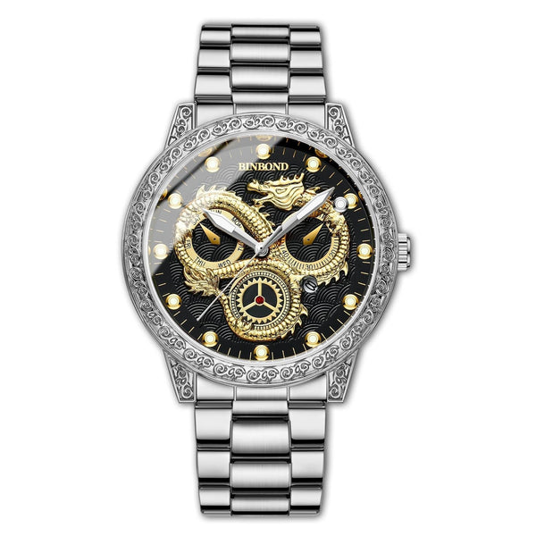 Dragon Embossed Luminous Waterproof Watch Quartz White Steel Black Watches