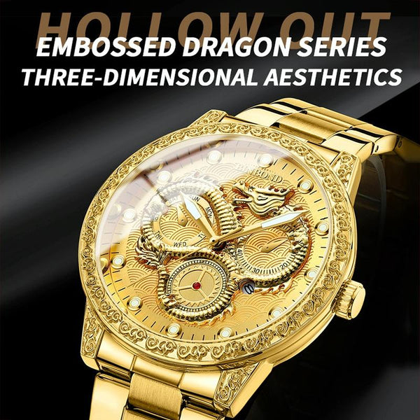 Dragon Embossed Luminous Waterproof Watch Quartz White Steel Black Watches