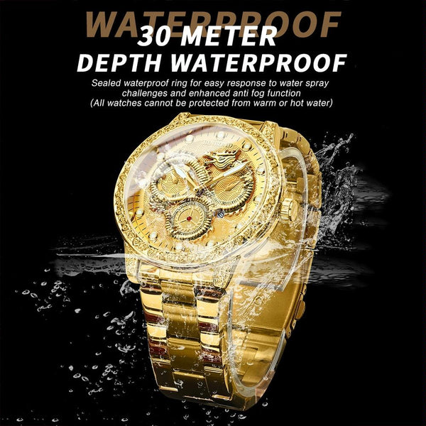 Dragon Embossed Luminous Waterproof Watch Quartz White Steel Black Watches