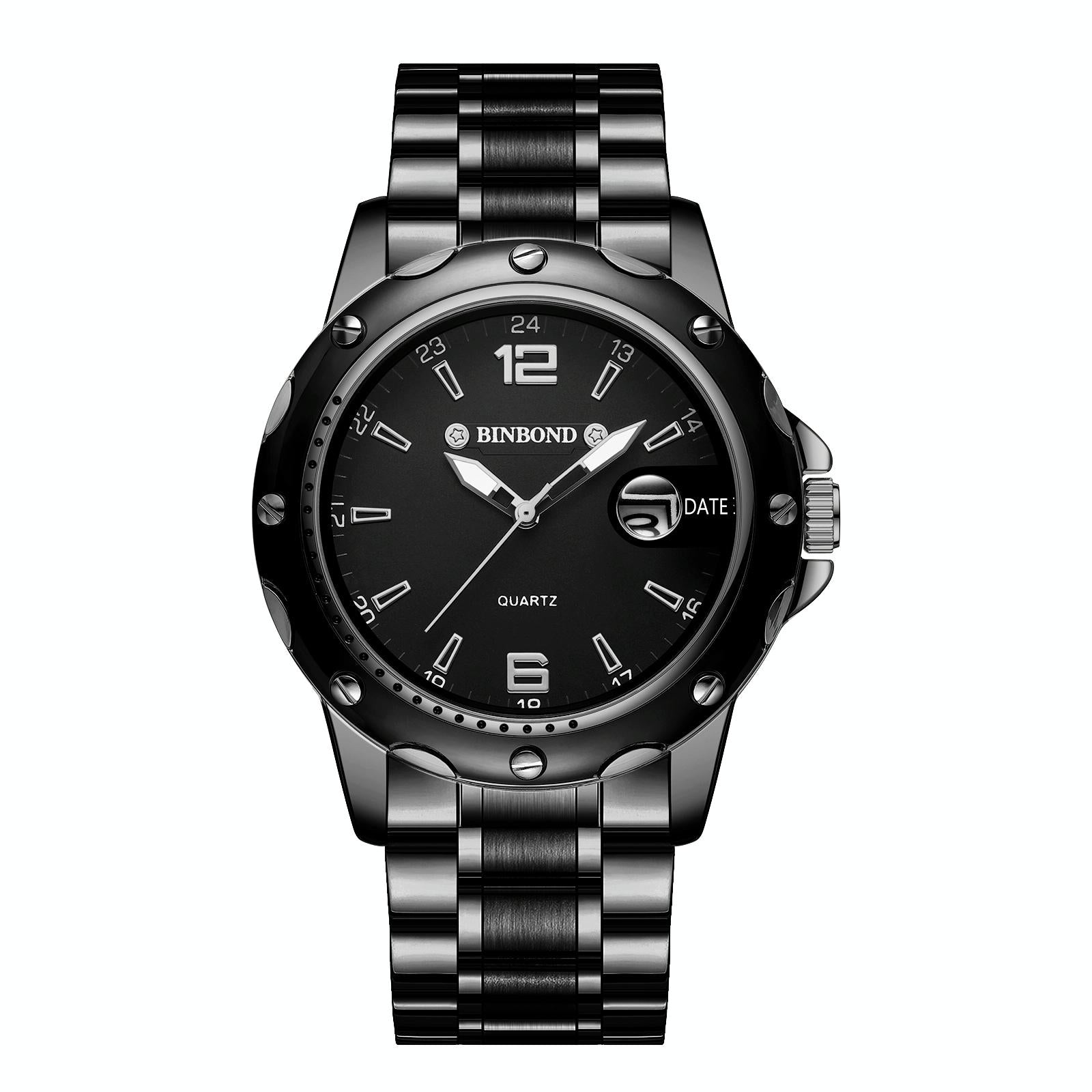Waterproof Luminous Quartz Watch For Outdoor Black Steel White Nail Watches