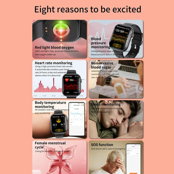 2.1 Inch Screen Smart Watch With Blood Sugar / Oxygen Monitoring Sos Alarm 100+ Sports Modes Black 3 Bead Steel Milan Smart Watches