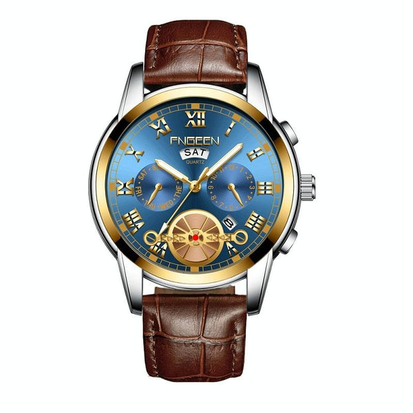 Men Multi Function Quartz Watch With Brown Leather Strap And Gold Blue Dial Watches