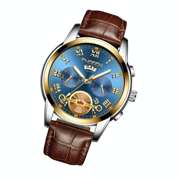 Men Multi Function Quartz Watch With Brown Leather Strap And Gold Blue Dial Watches