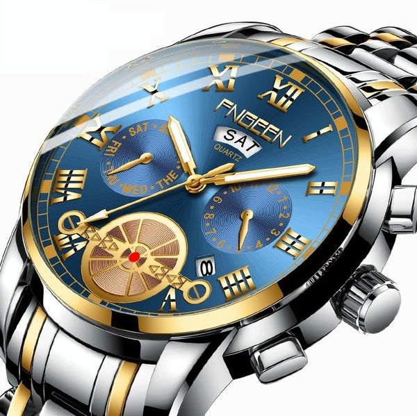 Men Multi Function Quartz Watch With Brown Leather Strap And Gold Blue Dial Watches