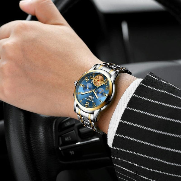 Men Multi Function Quartz Watch With Brown Leather Strap And Gold Blue Dial Watches