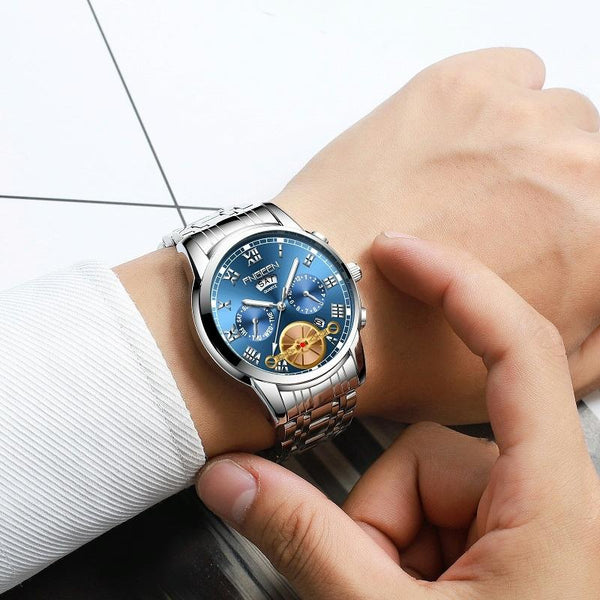 Men Multi Function Quartz Watch With Brown Leather Strap And Gold Blue Dial Watches