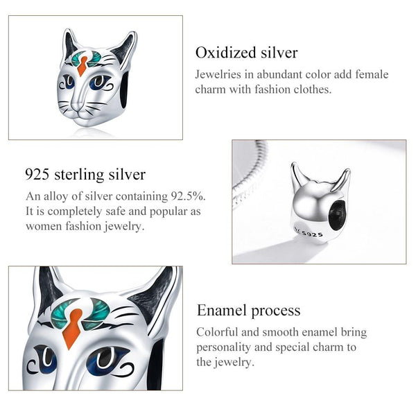 925 Sterling Silver Egyptian Cat God Bead For Diy Bracelet / Necklace Charms & Pendants