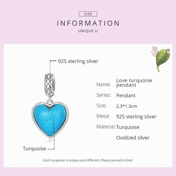 925 Sterling Silver Turquoise Heart Pendant For Diy Bracelets & Necklaces Charms & Pendants