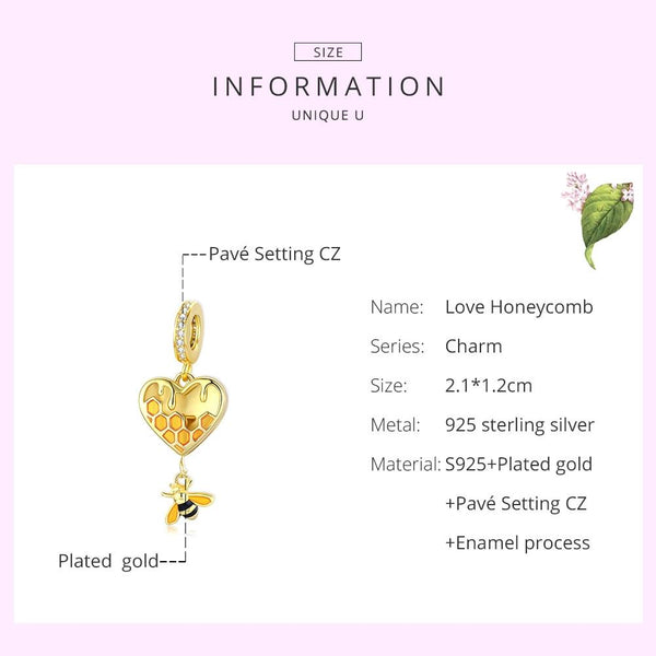 925 Sterling Silver Heart Honeycomb Bee Pendant For Bracelet Or Necklace Charms & Pendants