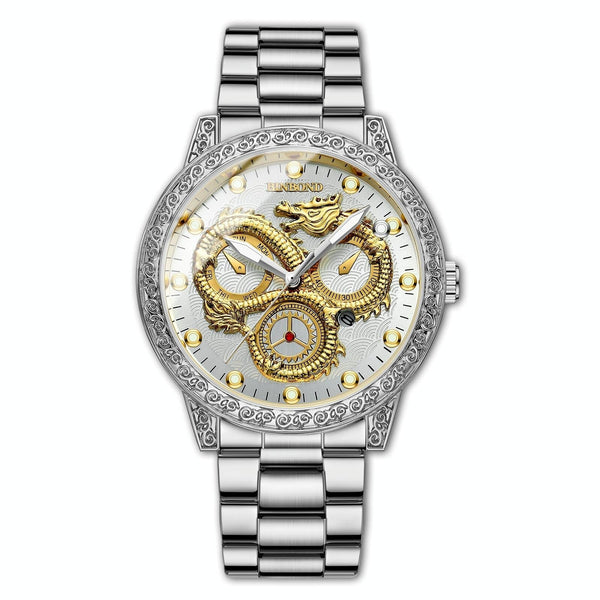 Dragon Embossed Luminous Waterproof Watch Quartz White Steel White Watches