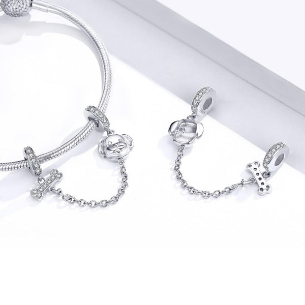 925 Sterling Silver Dog Beaded Safety Chain Bracelet Charms & Pendants