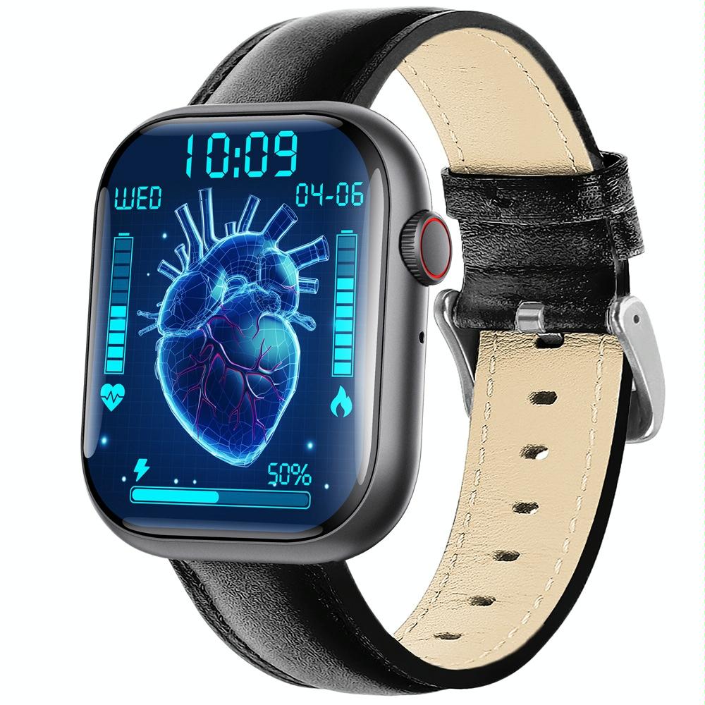 2.1 Inch Screen Smart Watch With Blood Sugar / Oxygen Monitoring Sos Alarm 100+ Sports Modes Black 3 Bead Steel Leather Smart Watches