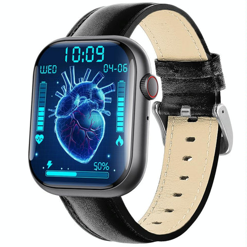 2.1 Inch Screen Smart Watch With Blood Sugar / Oxygen Monitoring Sos Alarm 100+ Sports Modes Black 3 Bead Steel Leather Smart Watches