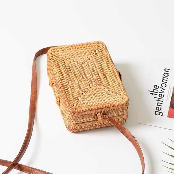 Handmade Square Rattan Bag Autumn Beach Diagonal Purse Vintage Style 19X13x7cm Women's Bags & Handbags