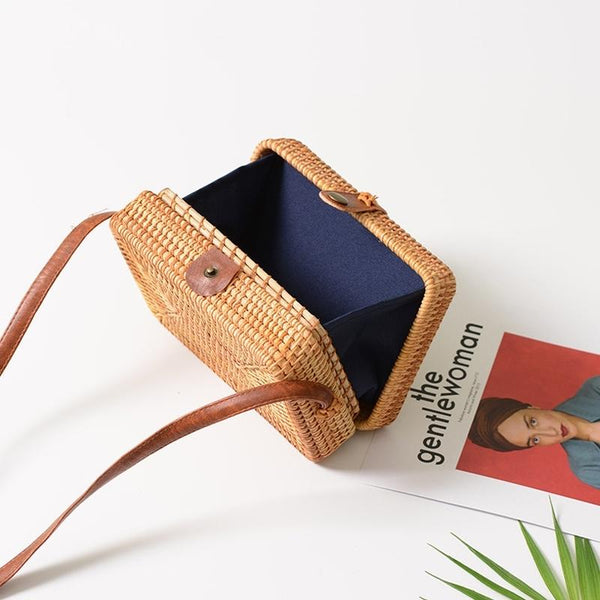 Handmade Square Rattan Bag Autumn Beach Diagonal Purse Vintage Style 19X13x7cm Women's Bags & Handbags