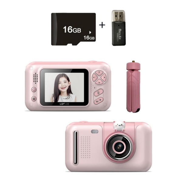 2.4 Hd Reversible Kids Camera + 16G Memory Card & Reader Pink Digital Cameras