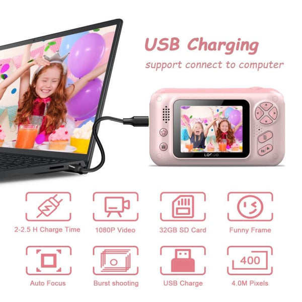 2.4 Hd Reversible Kids Camera + 16G Memory Card & Reader Pink Digital Cameras