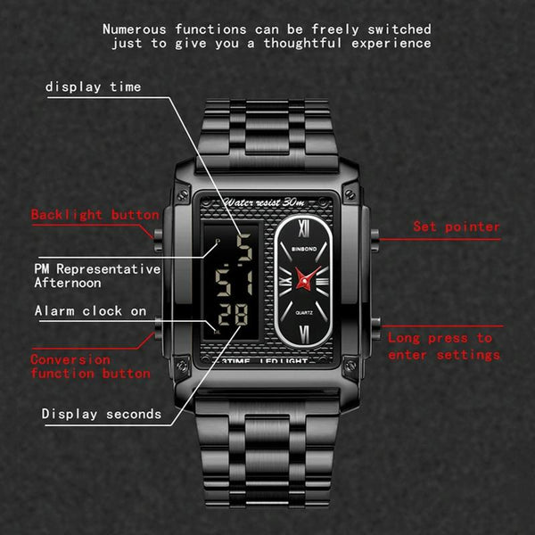 Waterproof Men Led Quartz Watch Multifunctional Luminous Metal Blue Watches