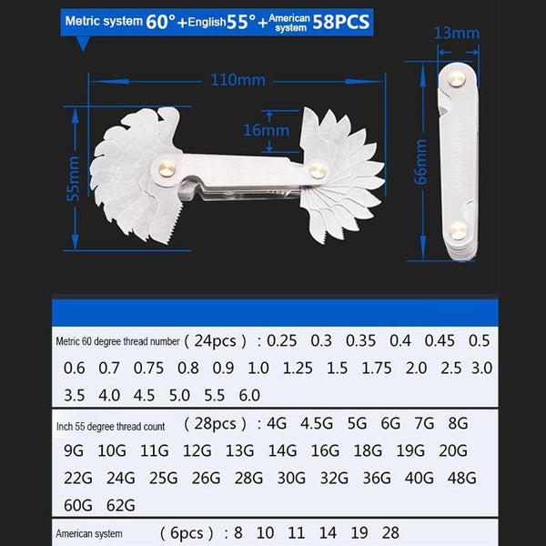 Stainless Steel Thread Gauge 58 Pcs Metric & British 60 Degree & 55 Degree Other Test & Measurement