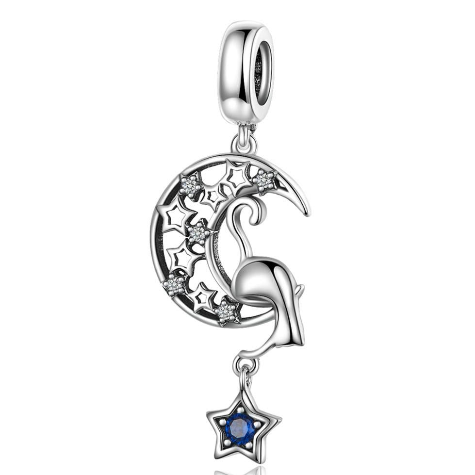 925 Sterling Silver Moon Cat Pendant For Bracelet Or Necklace Charms & Pendants