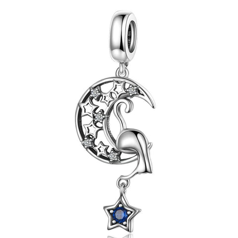 925 Sterling Silver Moon Cat Pendant For Bracelet Or Necklace Charms & Pendants