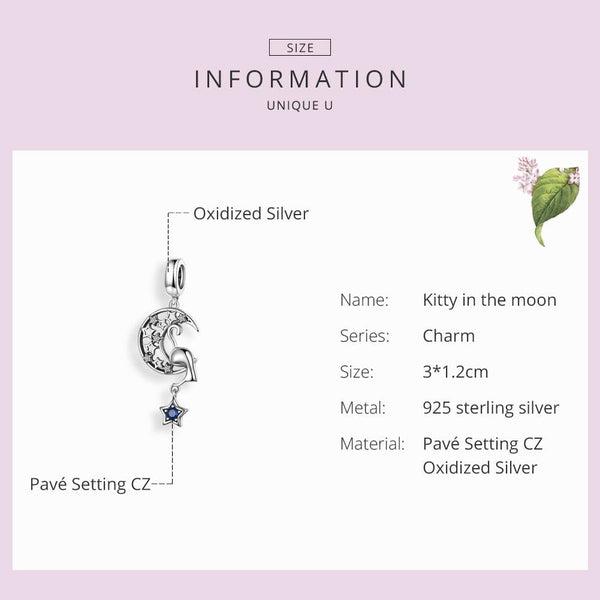 925 Sterling Silver Moon Cat Pendant For Bracelet Or Necklace Charms & Pendants