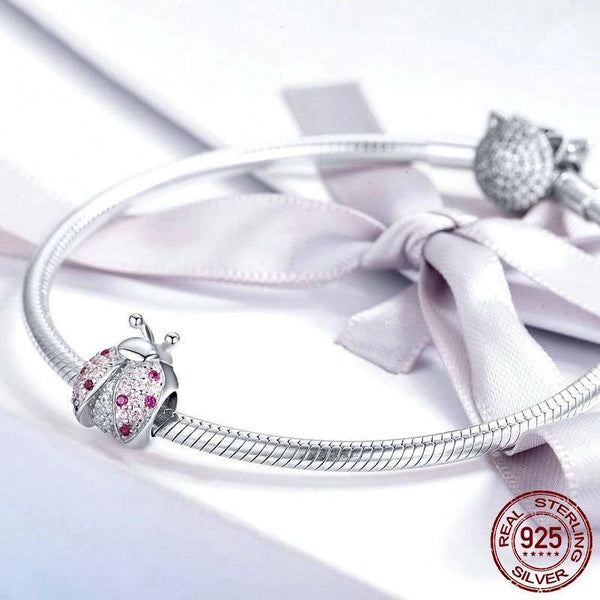 925 Sterling Silver Ladybug Pink Cz Insect Charm For Diy Bracelets Charms & Pendants