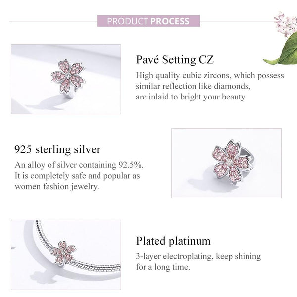 925 Sterling Silver Platinum Plated Pink Flower Beads For Diy Bracelets Charms & Pendants